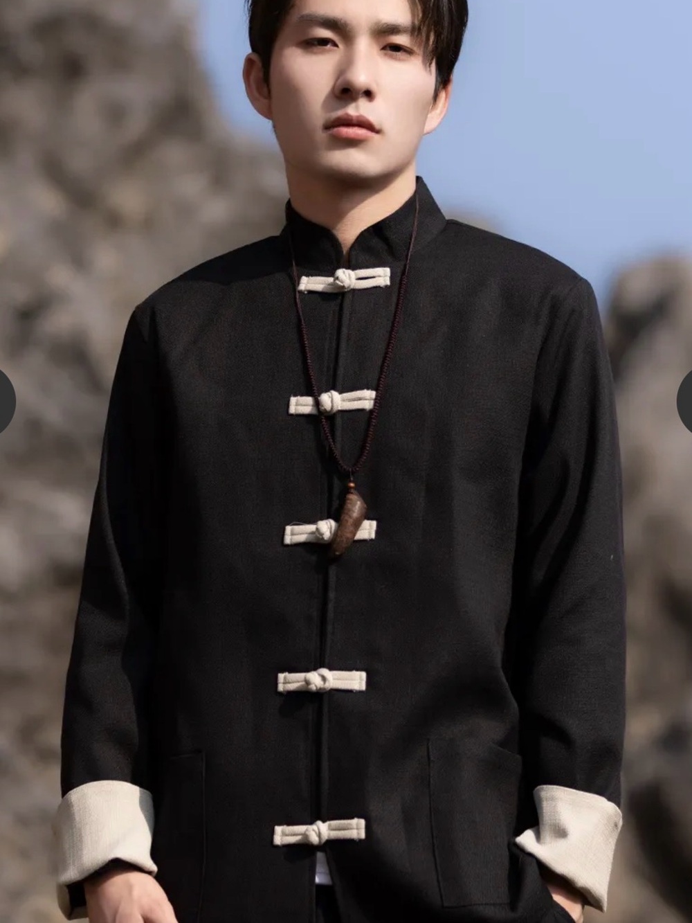 Men's or Women’s Black Traditional Mandarin Collar Jacket with Contrast Trim